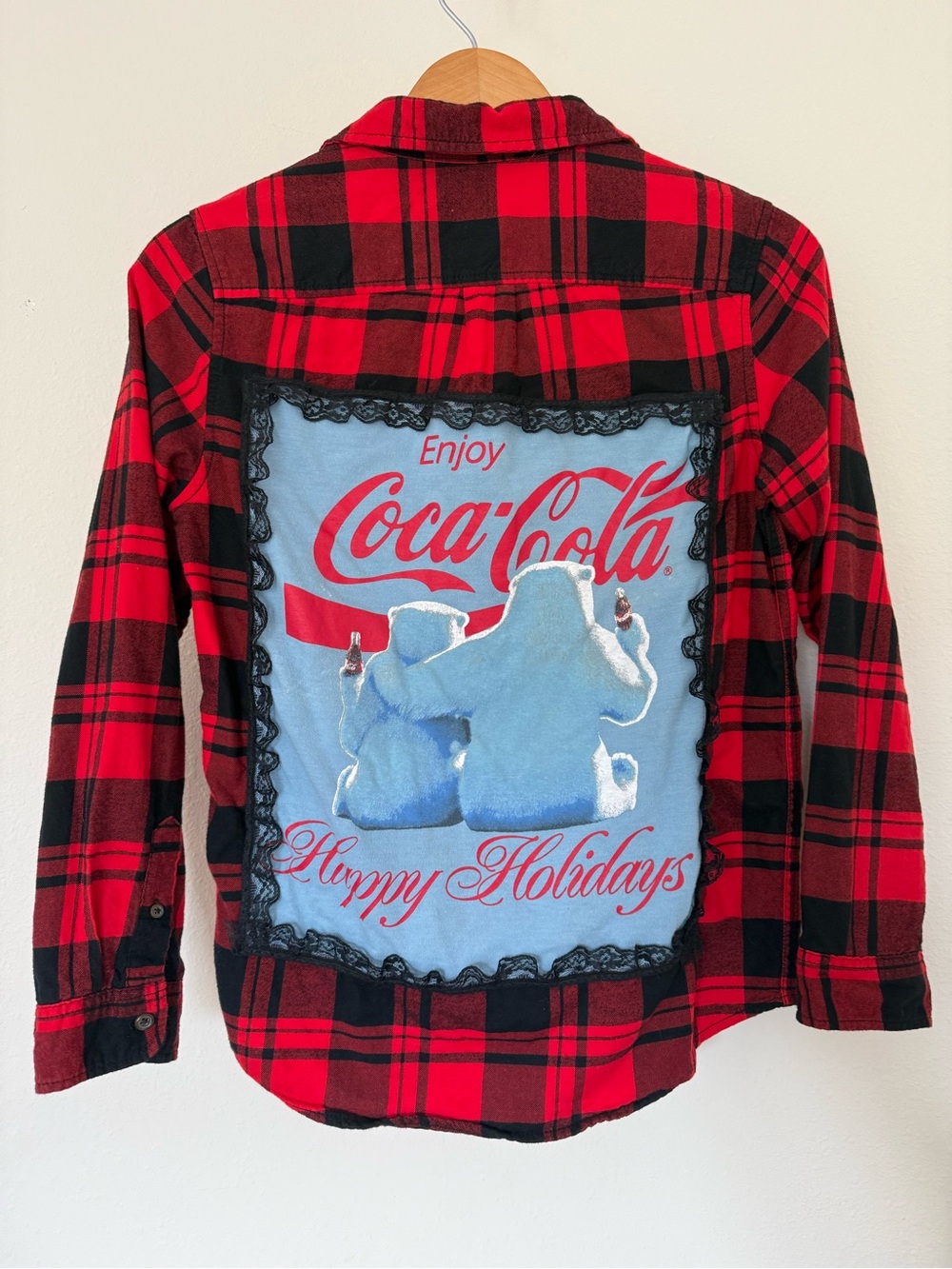 Cat & Jack Red & Black Plaid Kids Flannel with Holiday Coca Cola Holiday Bears